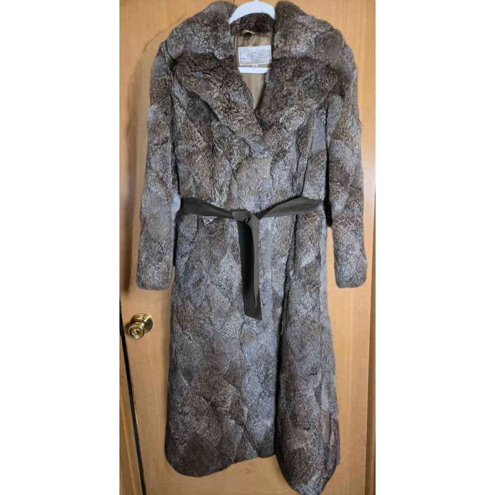 Dino Ricco Natural Genuine Rabbit Fur Long Belted Coat - Size Small Vintage